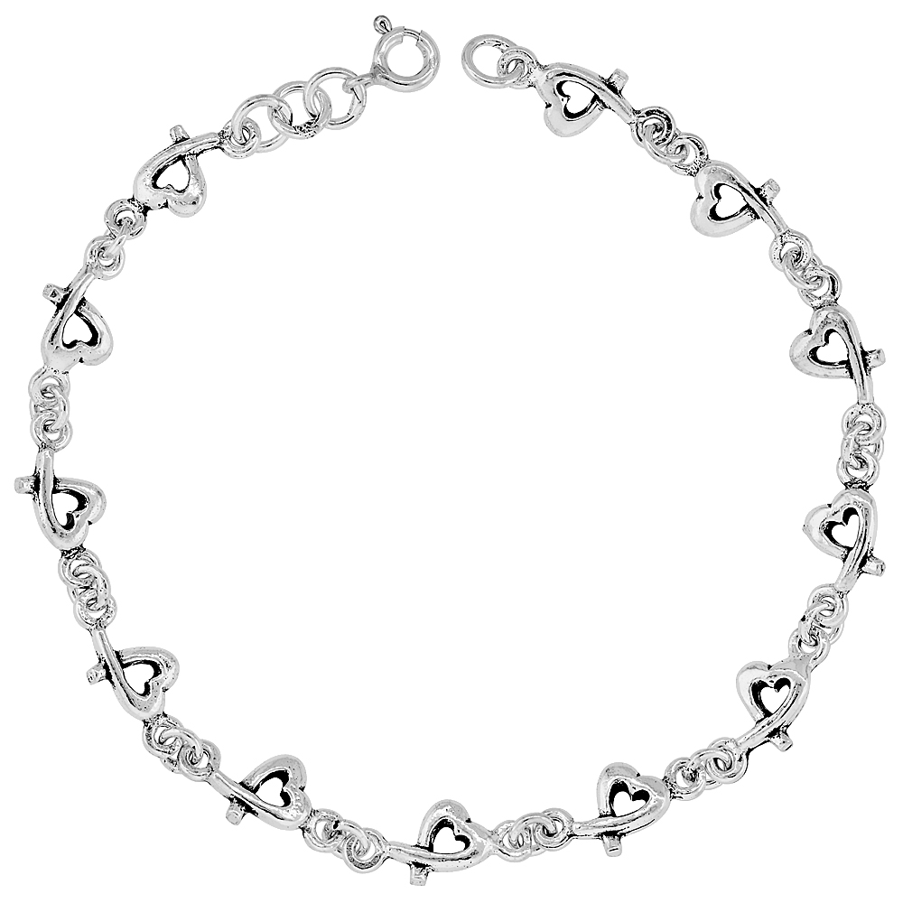 Dainty Sterling Silver Hearts Bracelet for Women 1/4 wide 7.5 inch long