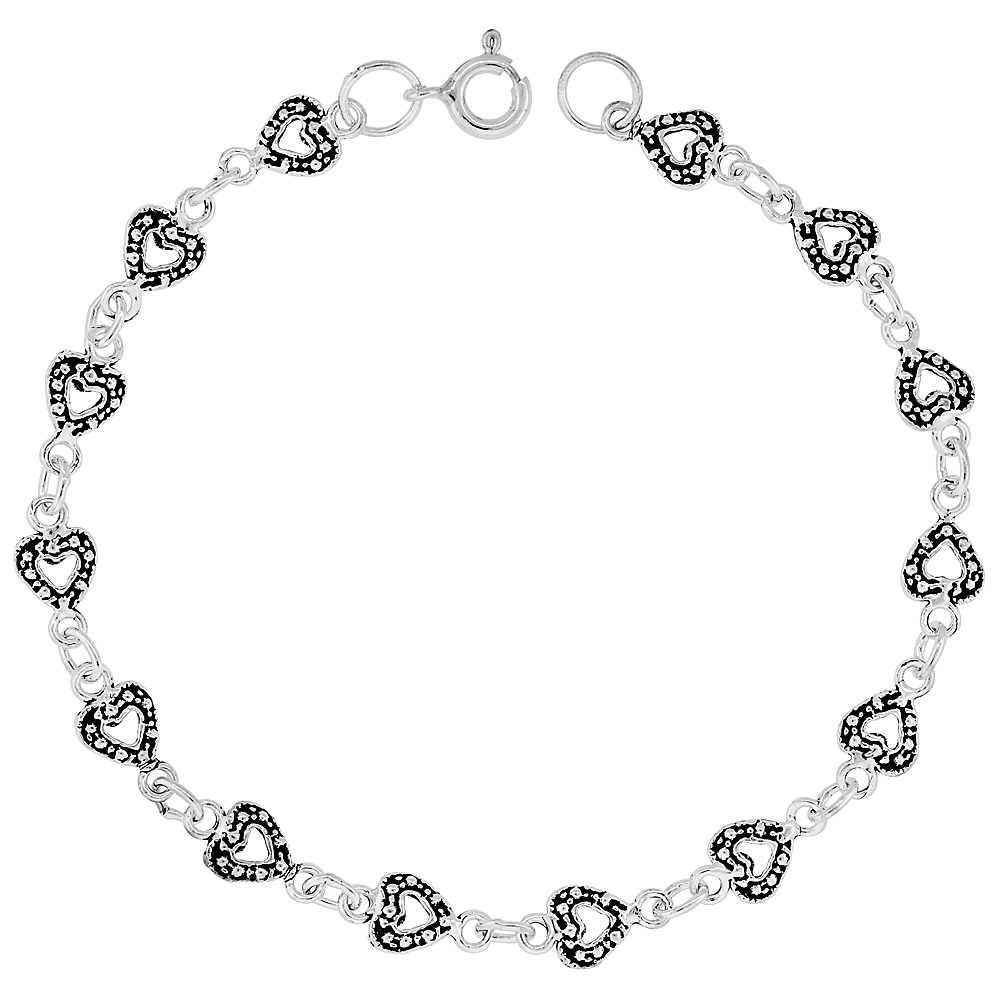 Dainty Sterling Silver Hearts Bracelet for Women 1/4 wide 7.5 inch long