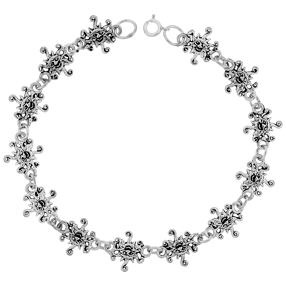 Dainty Sterling Silver Sun Bracelet for Women 1/2 wide 7.5 inch long
