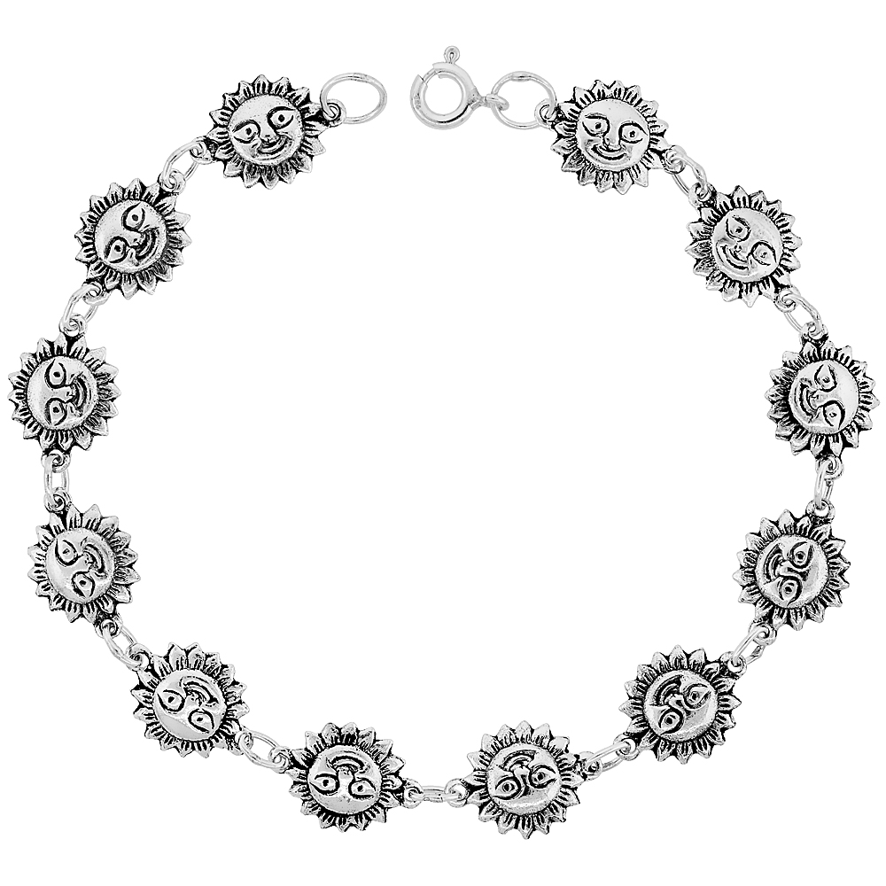 Dainty Sterling Silver Sun Bracelet for Women 1/2 wide 7.5 inch long