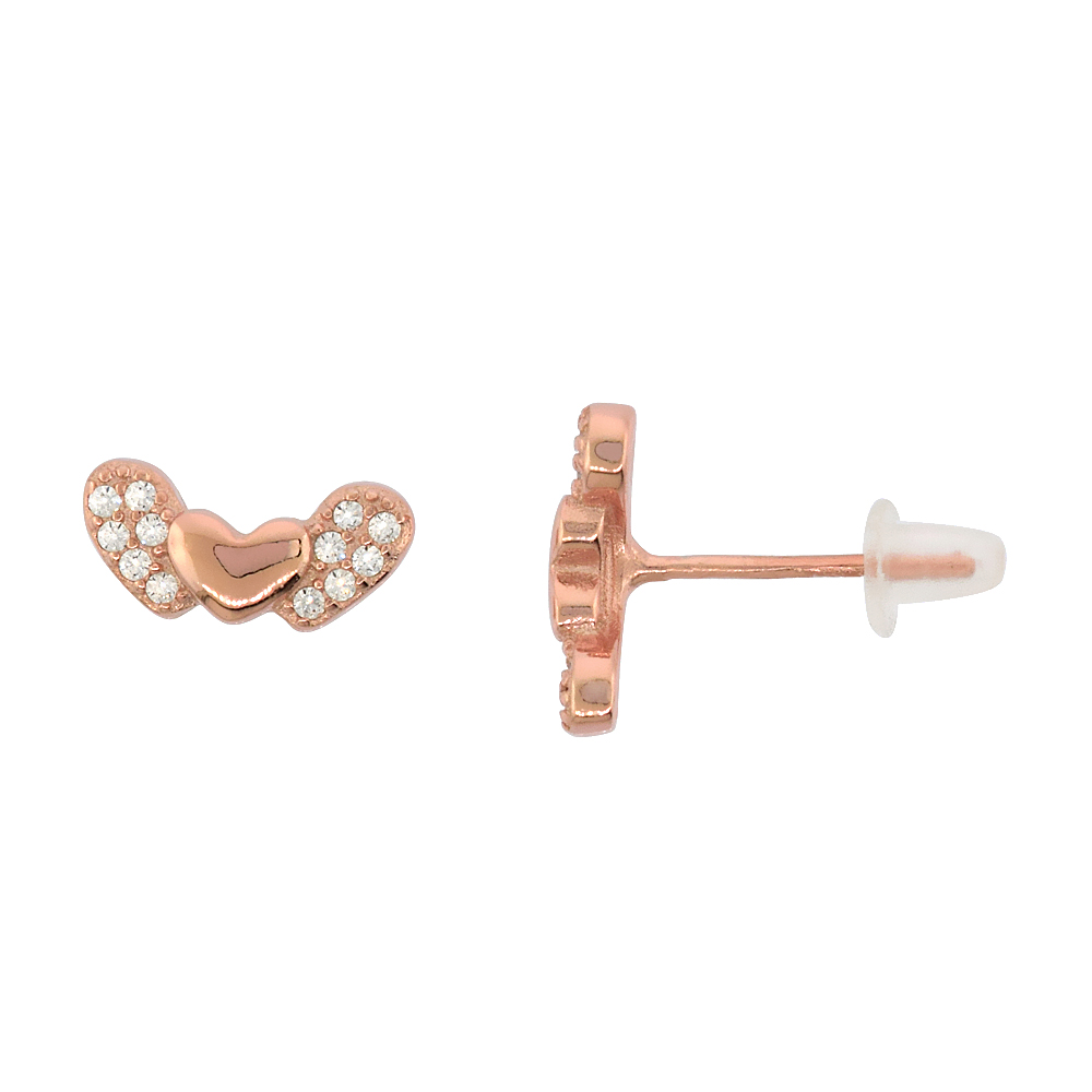 Sterling Silver Cubic Zirconia Micro Pave Heart with Wings Stud Earrings, 3/8 inch wide