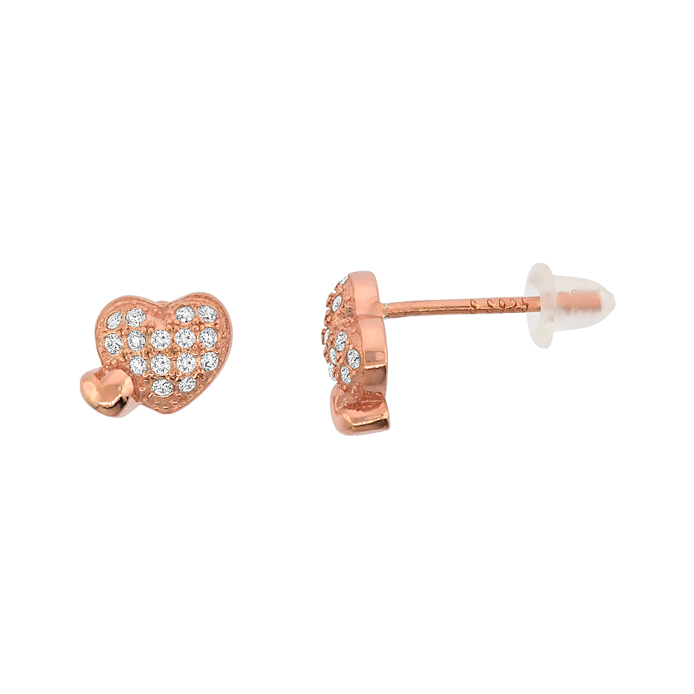 Sterling Silver Cubic Zirconia Micro Pave Heart Stud Earrings, 5/16 inch wide