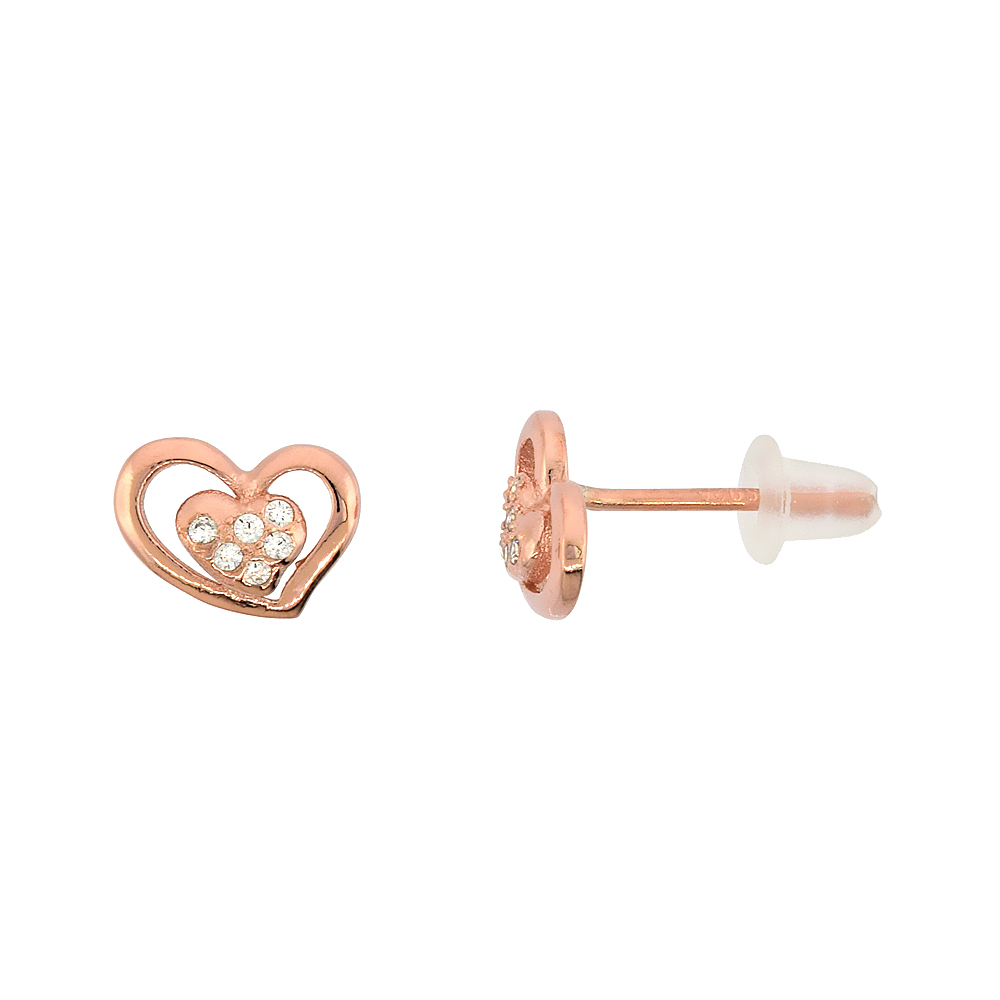 Sterling Silver Cubic Zirconia Micro Pave Open Heart Stud Earrings, 5/16 inch wide
