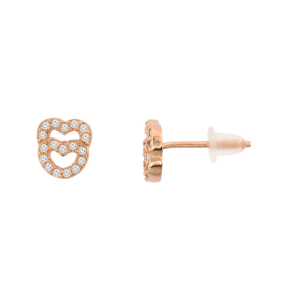 Sterling Silver Cubic Zirconia Micro Pave Double Heart Stud Earrings, 1/4 inch wide