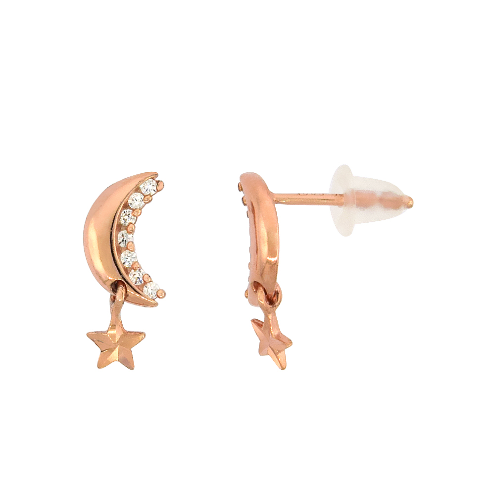 Sterling Silver Cubic Zirconia Micro Pave Crescent Moon and Star Stud Earrings, 7/16 inch long