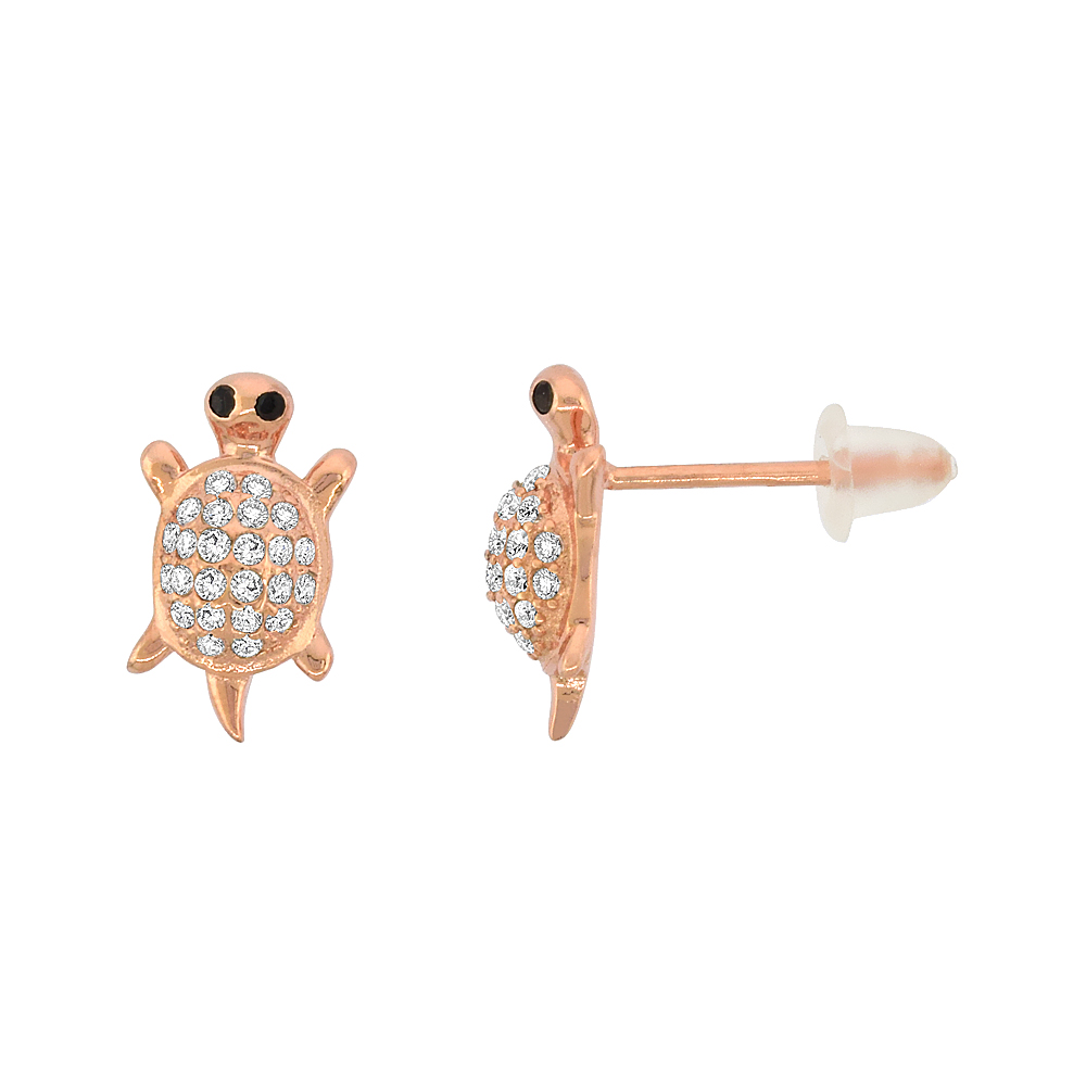 Sterling Silver Cubic Zirconia Micro Pave Turtle Stud Earrings, 7/16 inch wide