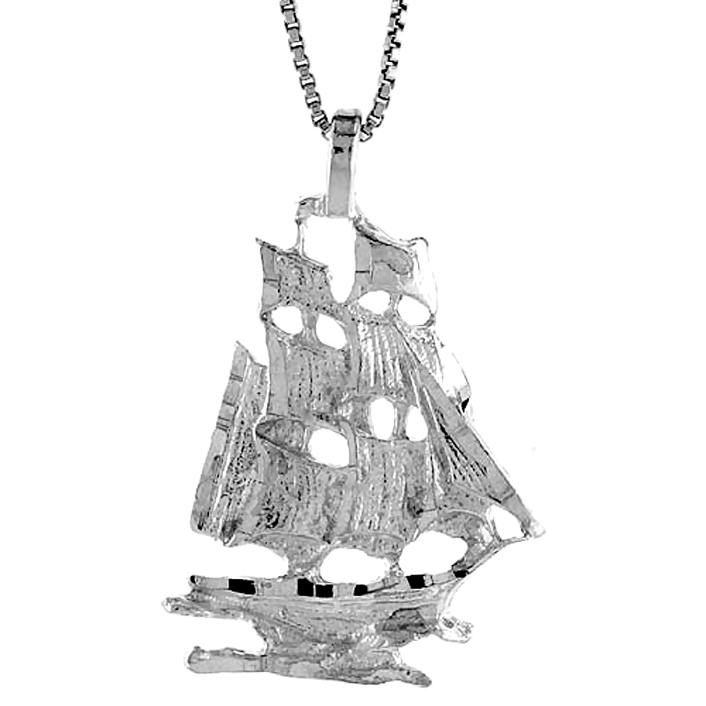 Large Falt Sterling Silver Tall Ship Pendant Men Women 1 1/16 inch