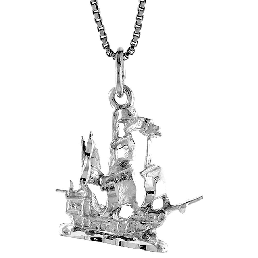 Small Flat Sterling Silver Tall Ship Pendant Charm Women 3/4 inch