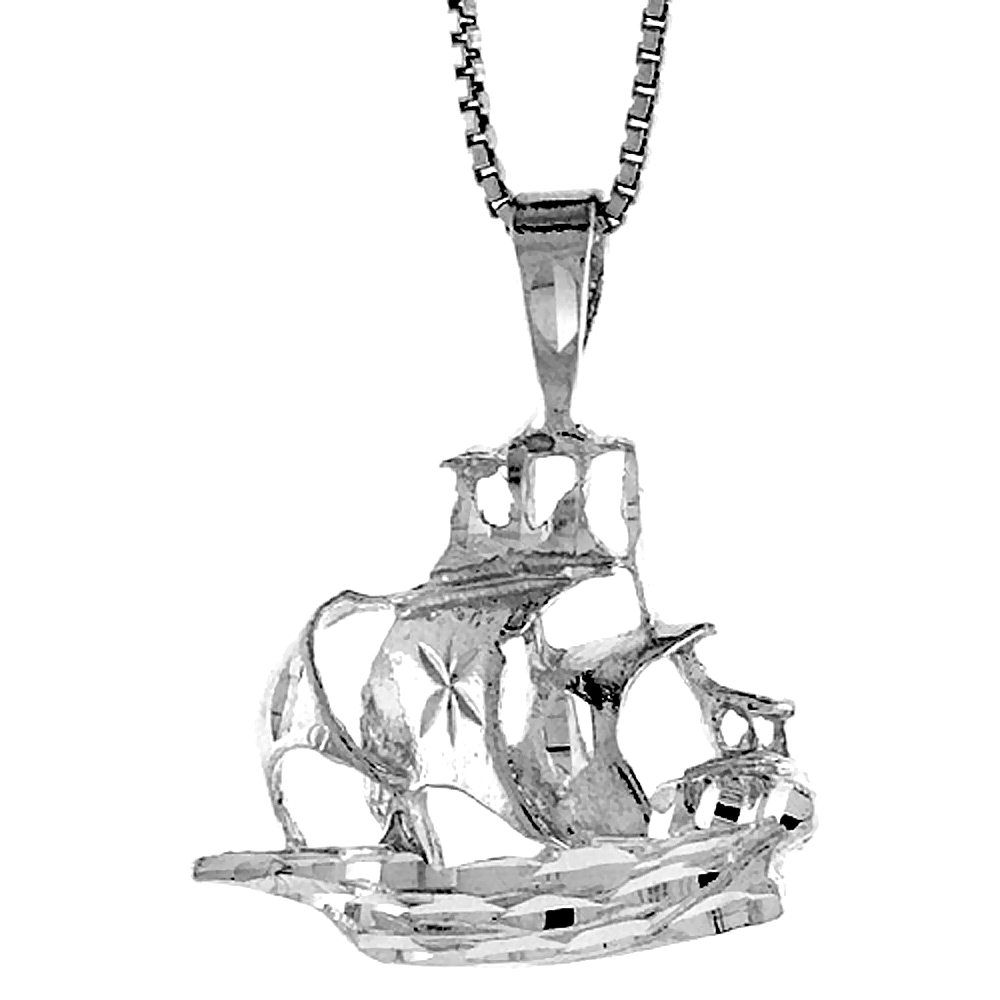 Small Sterling Silver Tall Ship Pendant Full Sails Women Men 3/4 inch