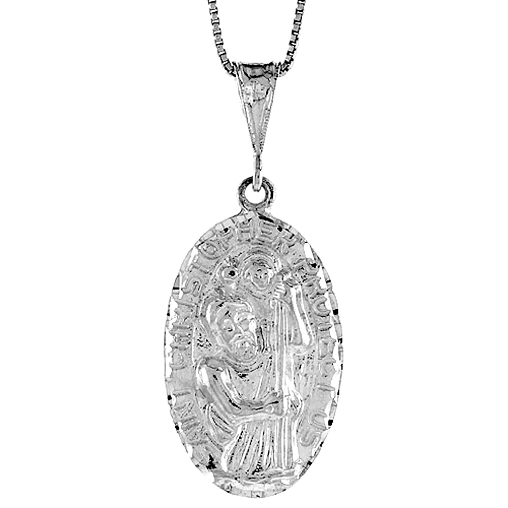 Large Oval Sterling Silver St Christopher Medal Prayer Border Men Polished 1 1/4 inch