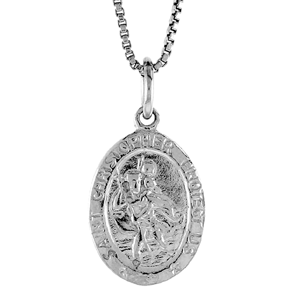 Dainty Oval Sterling Silver St Christopher Medal Pendant Prayer Border Women Men 3/4 inch