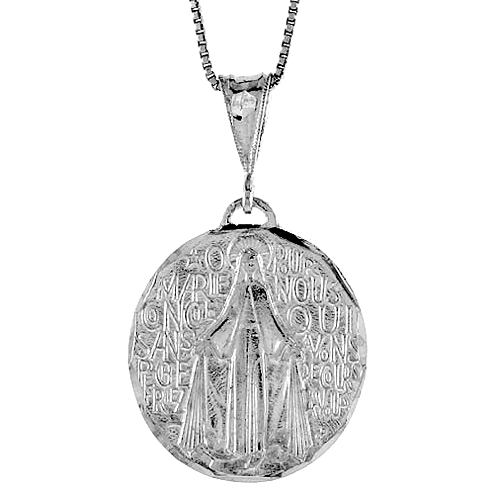 Large Sterling Silver Virgin Mary Miraculous Medal Pendant Round Men Women 1 1/8 inch