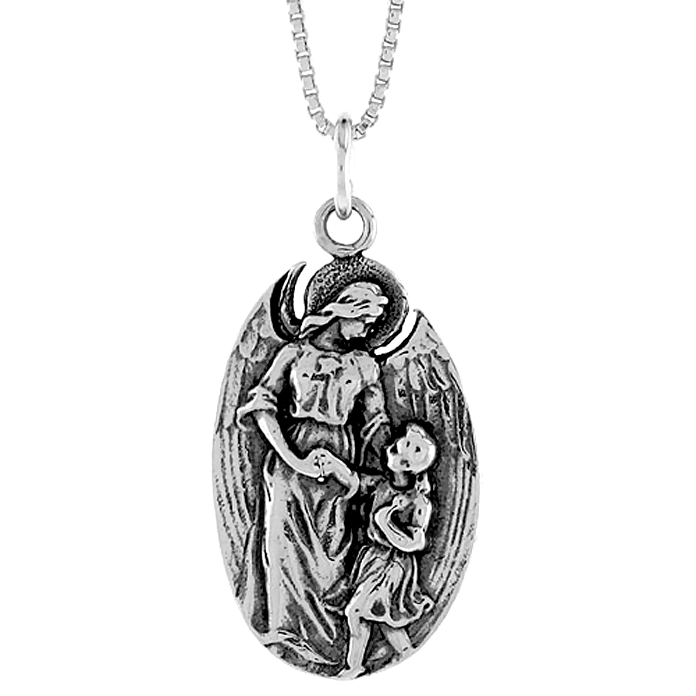 Large Oval Sterling Silver Guardian Angel with Child Christ Medal Men Women Oxidized 1 inch