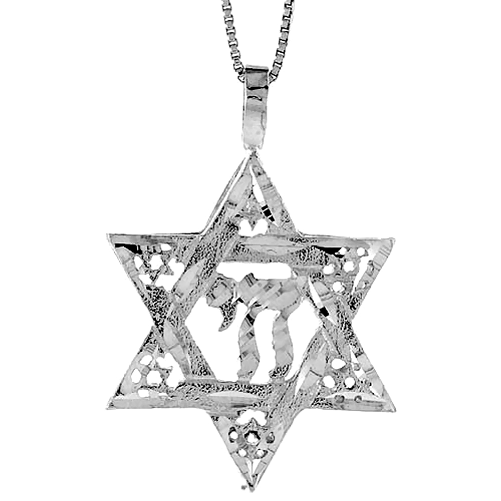 Large Sterling Silver Jewish Star of David with Chai Pendant 1 1/4 inch