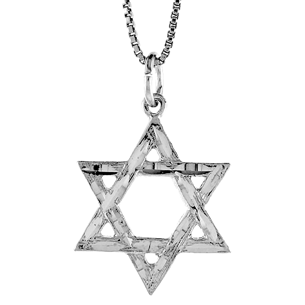 Medium Size Sterling Silver Jewish Star of David Pendant Charm Women Men Linear Texture 7/8 inch