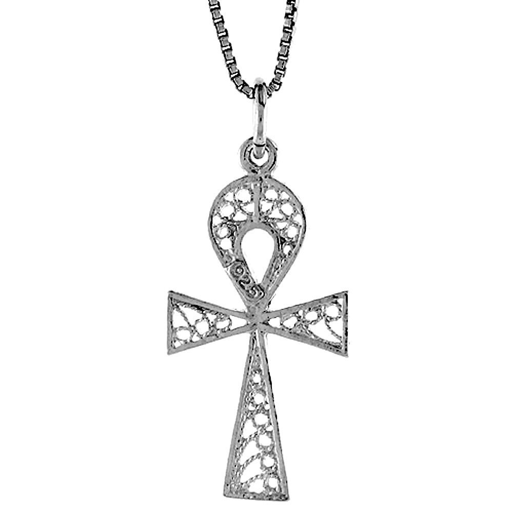Small Flat Sterling Silver Filigree Egyptian Ankh Pendant Charm Women 1 1/16 inch tall