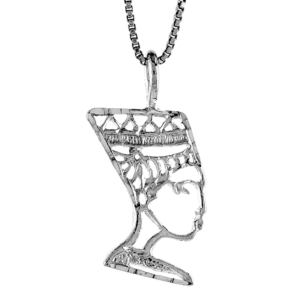 Small Flat Sterling Silver Filigree Egyptian Queen Nefertiti Pendant Charm Women 7/8 inch