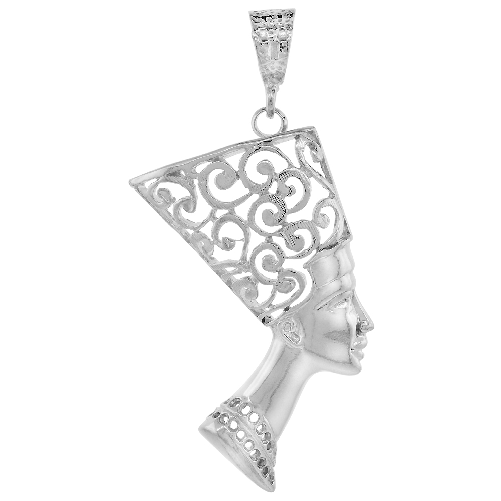 Sterling Silver Very Large Queen Nefertiti of Egypt Pendant Men Women Pectoral 2 5/16 inch