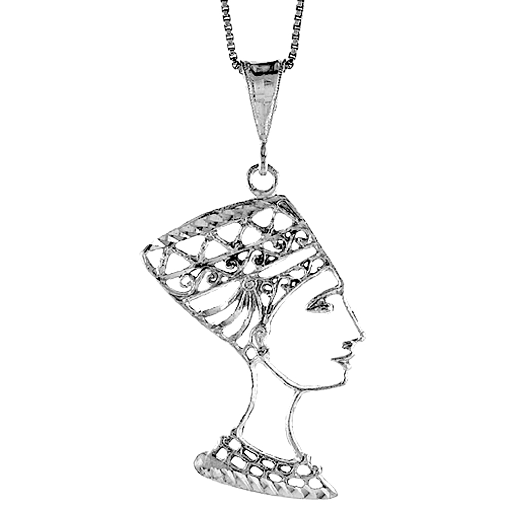 Large Flat Sterling Silver Filigree Egyptian Queen Nefertiti Pendant Women 1 1/2 inch