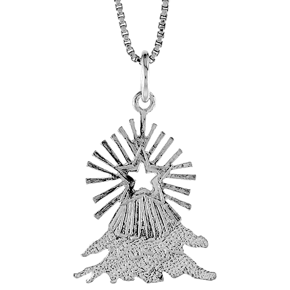 Small Flat Sterling Silver Christmas Tree Star Pendant Women 7/8 inch