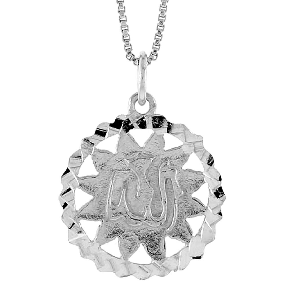 Medium Size Sterling Silver Allah Pendant Charm Men Women Circle Border 3/4 inch Round