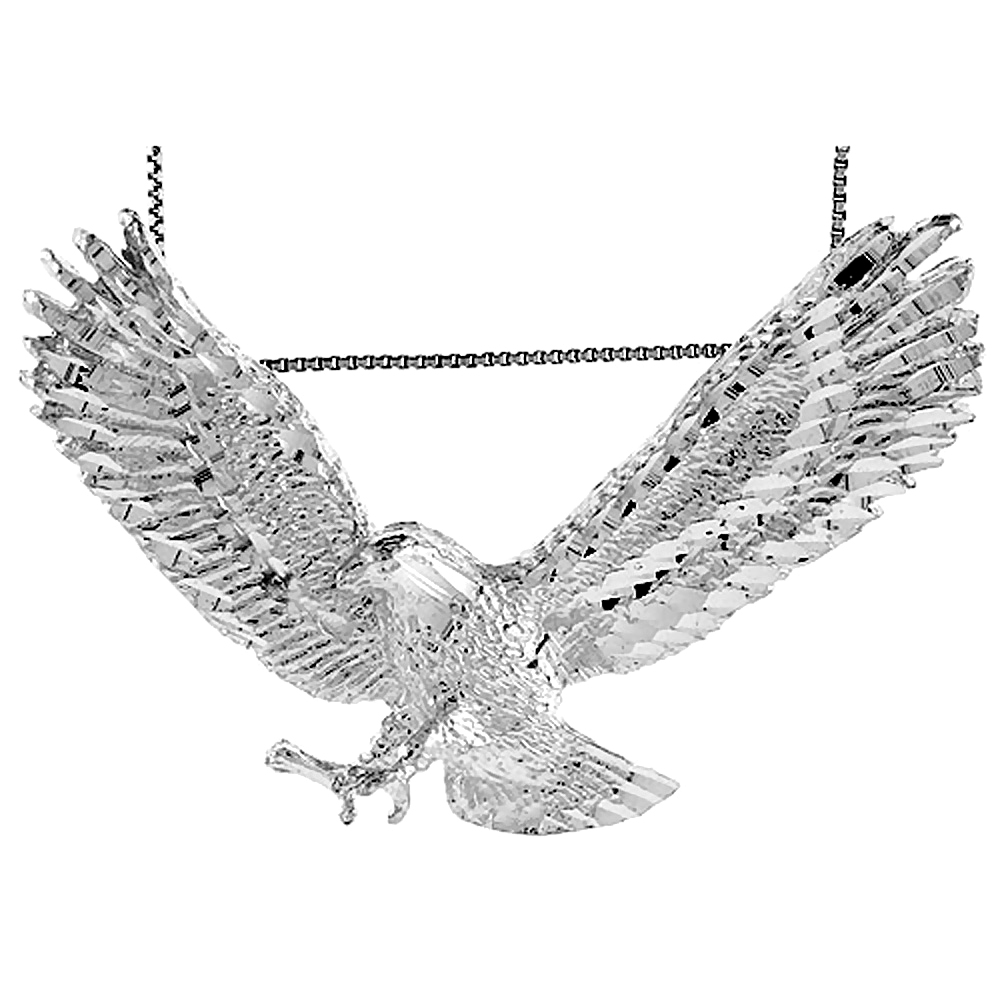Sterling Silver Very Large Swooping Eagle Pendant for Men 2 1/2 inch wide
