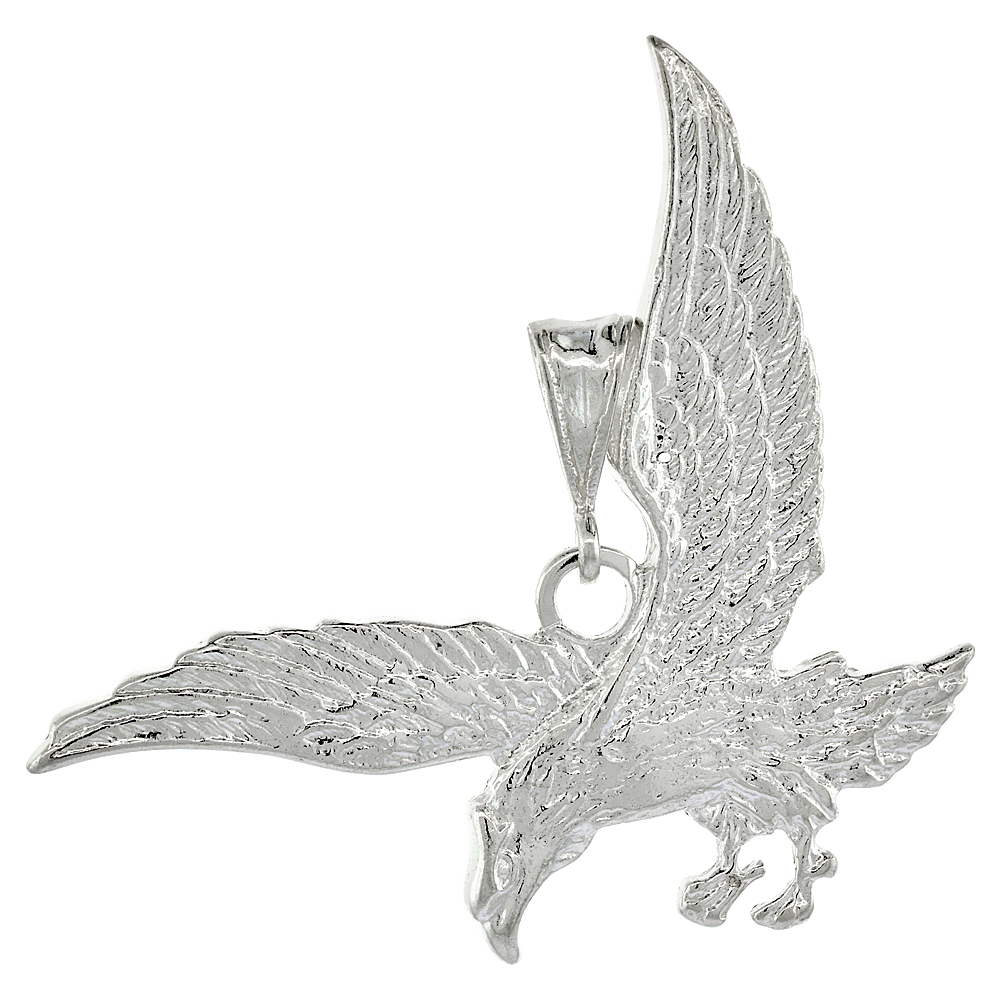 Large Flat Sterling Silver Rising Eagle Pendant for Men 1 7/8 x 7/8 inch