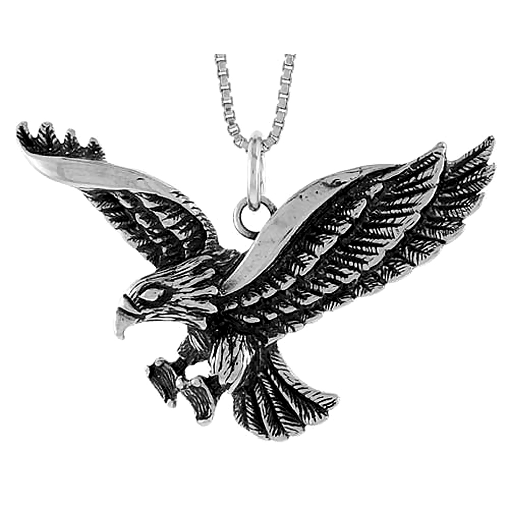 Sterling Silver Stooping Eagle Pendant Men Oxidized 1 1/2 x 3/4 inch
