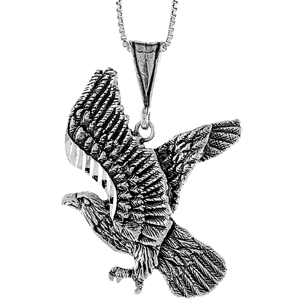 Large Sterling Silver Crouching Eagle Pendant Charm Men Women Oxidized 1 1/2 inch