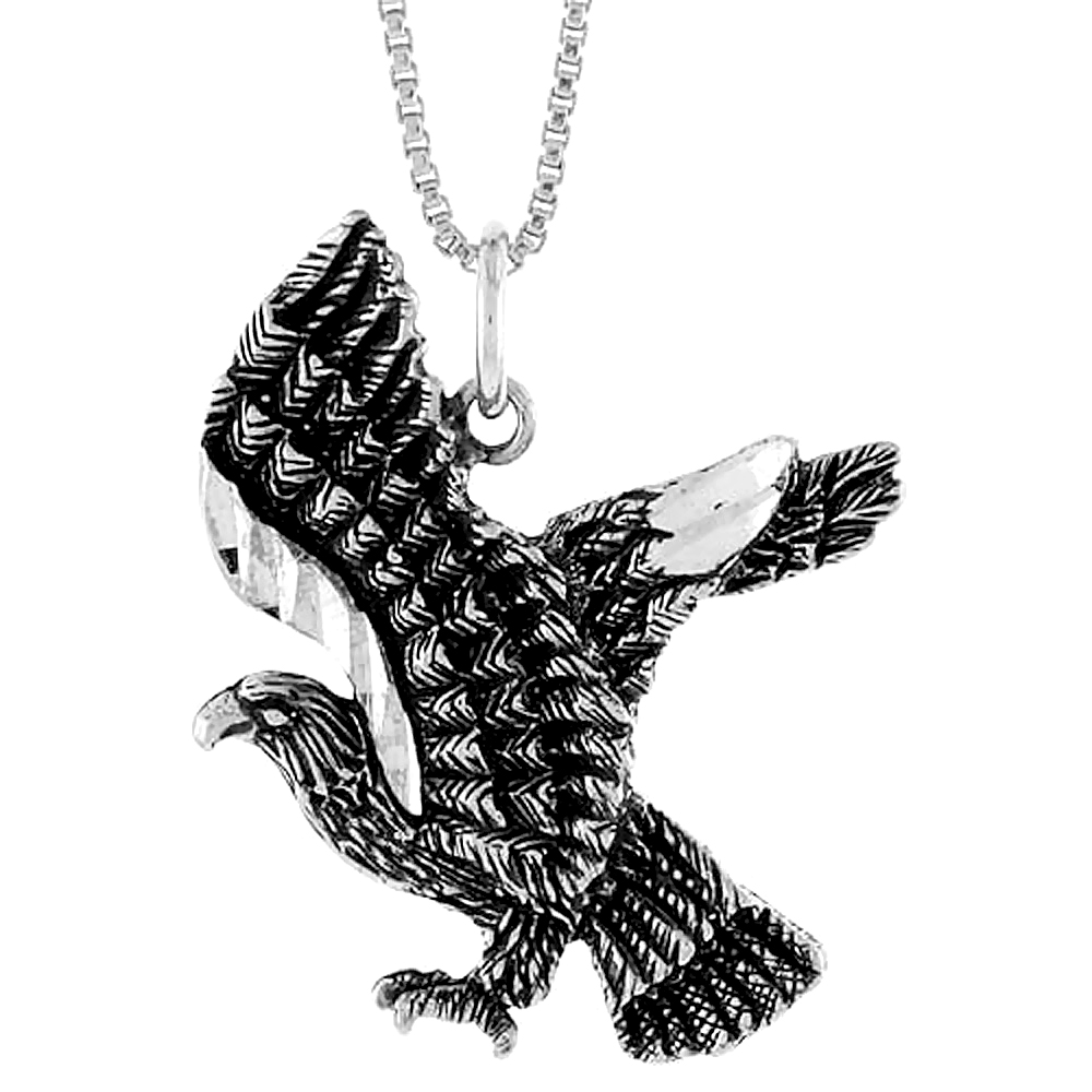 Medium Size Sterling Silver Crouching Eagle Pendant Charm Men Women Oxidized 1 1/16 inch