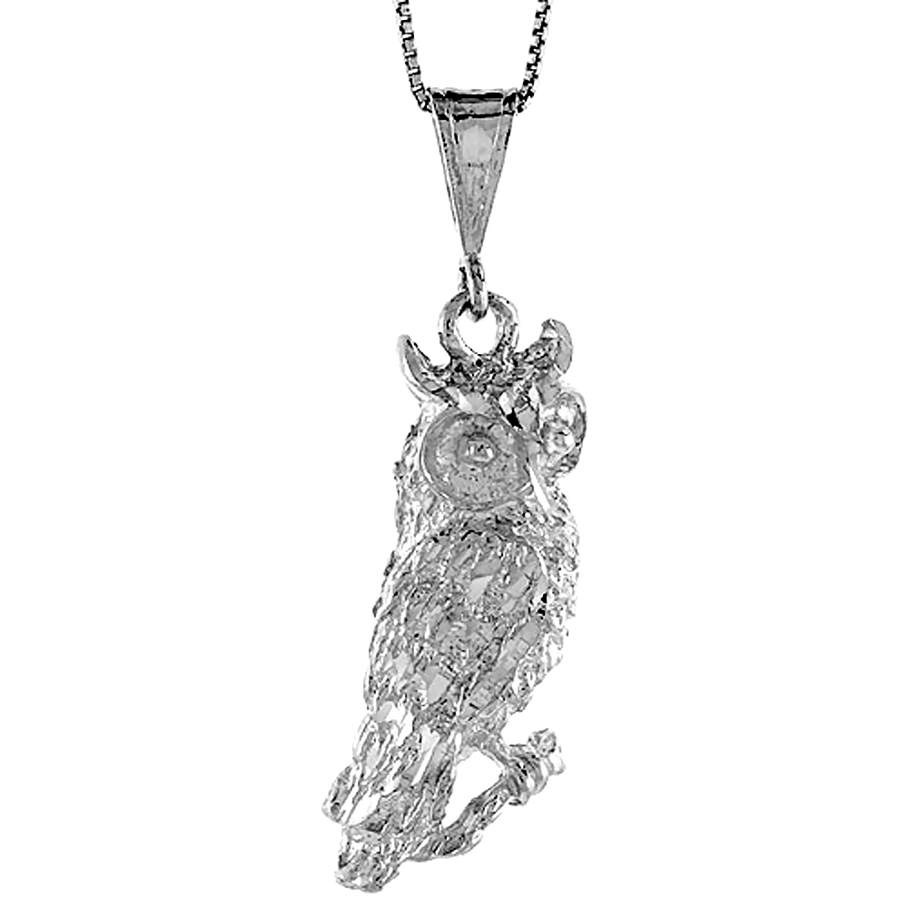 Large Sterling Silver Perching Owl Pendant Men Polished 1 1/2 inch