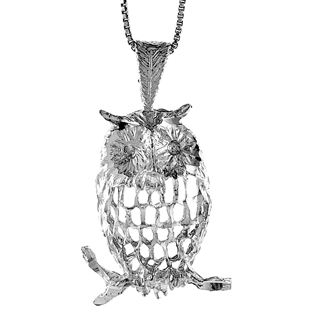 Sterling Silver Large Filigree Perching Horned Owl Pendant Men 1 1/4 inch