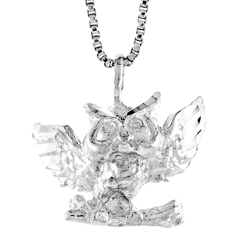 Small Sterling Silver Open Wings Rising Owl Pendant Women 1/2 inch