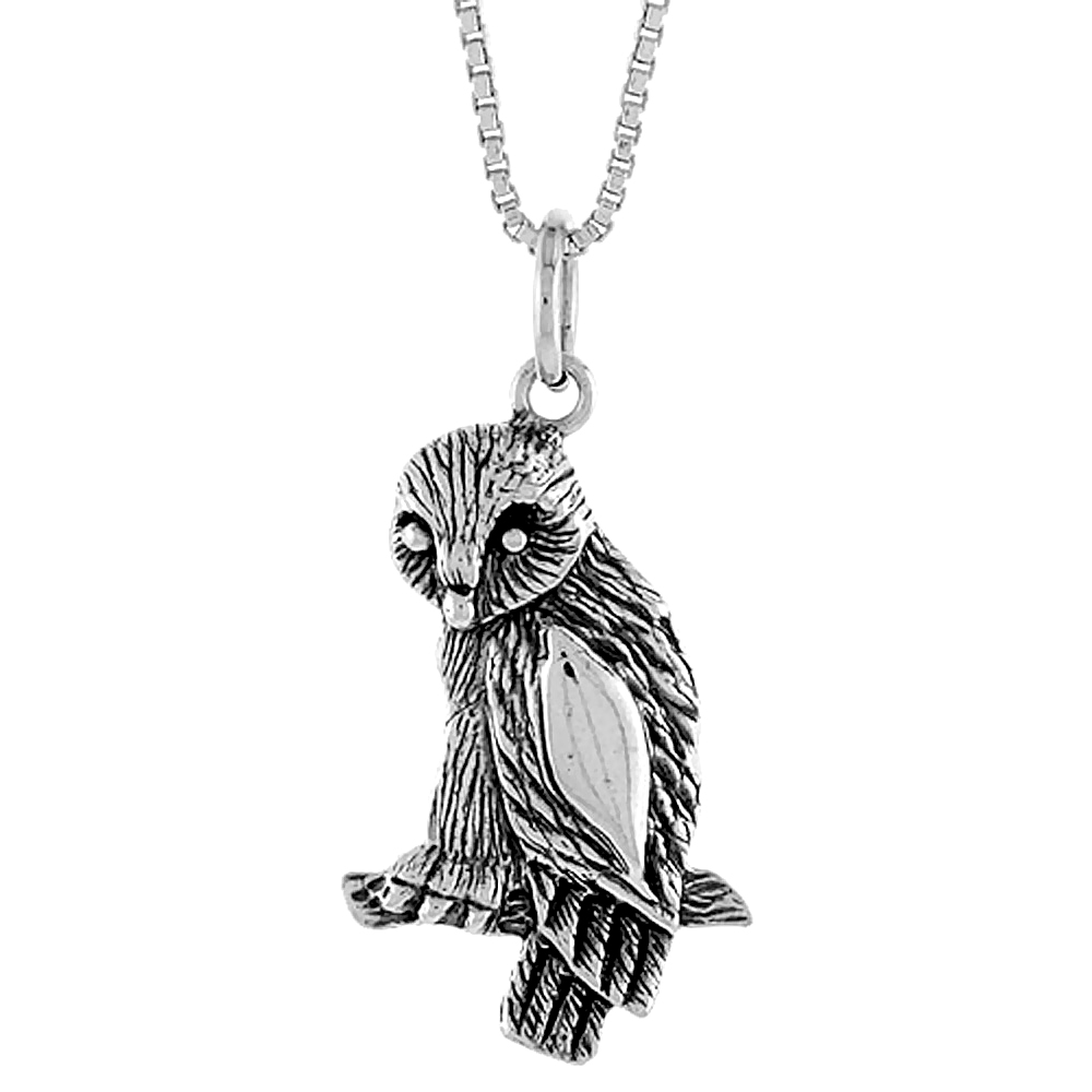 Small Sterling Silver Sitting Sideways Owl Pendant Charm Women men Oxidized 1 inch
