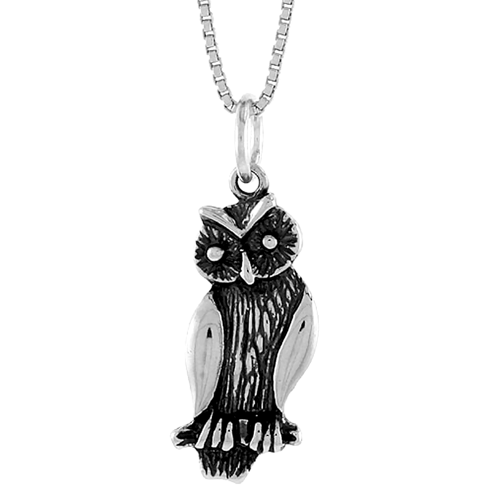 Small Sterling Silver Perching Owl Pendant Charm Men Women Oxidized 7/8 inch