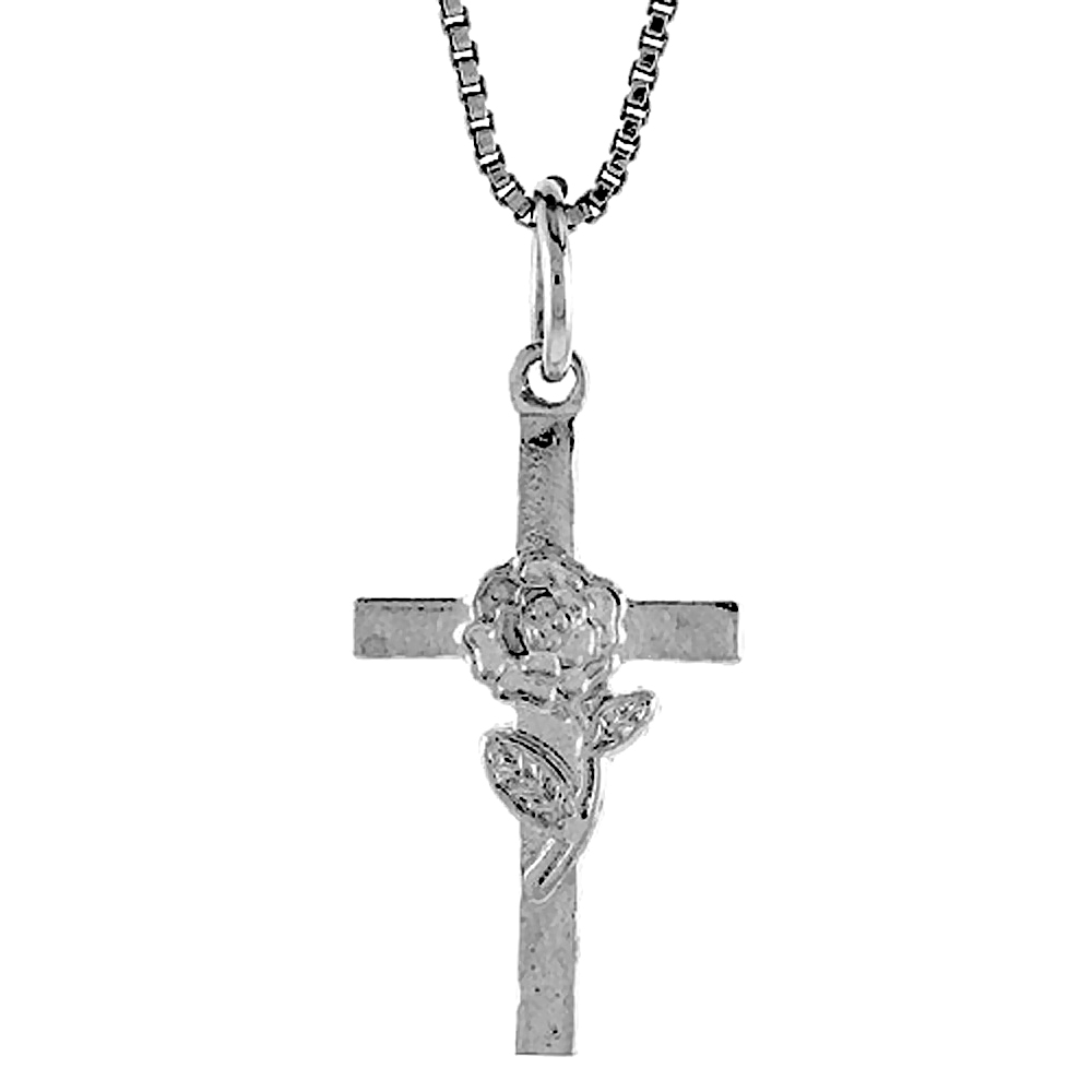 Sterling Silver Cross with Flower Pendant Rose Women 7/8 inch