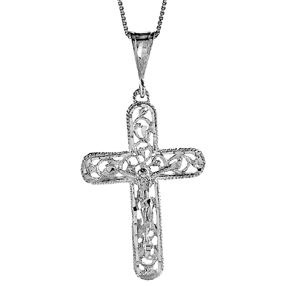 Sterling Silver Filigree Crucifix Pendant Rounded Ends Men Women 1 3/4 inch