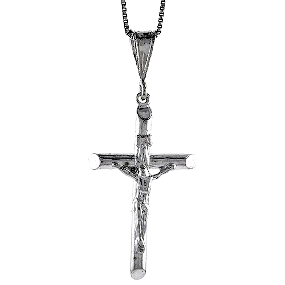 Medium Size Plain Sterling Silver Tube Crucifix Pendant Men Women 1 1/2 inch