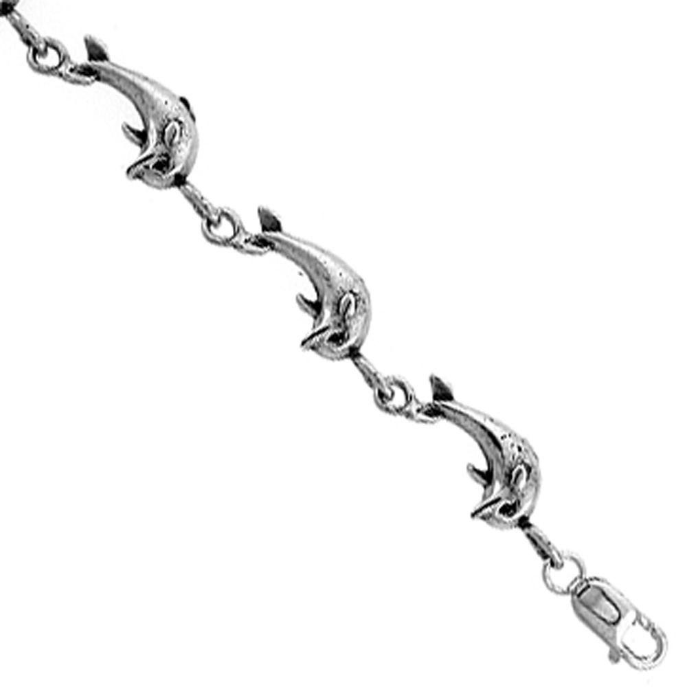 Sterling Silver Dolphin Charm Bracelet, 7 inches long
