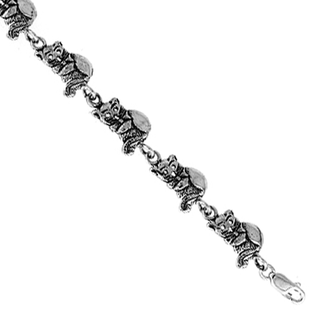 Sterling Silver Cat Charm Bracelet, 7 inches long