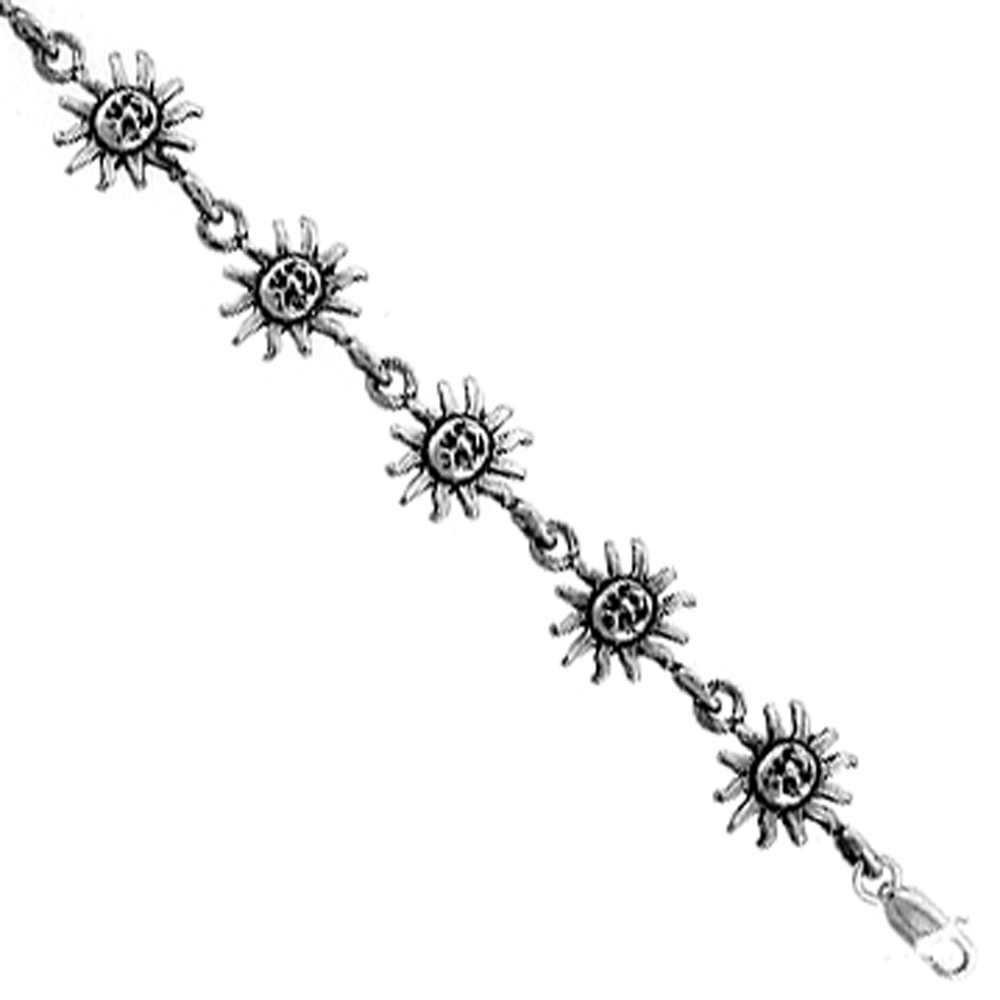 Sterling Silver Sun Charm Bracelet, 7 inches long