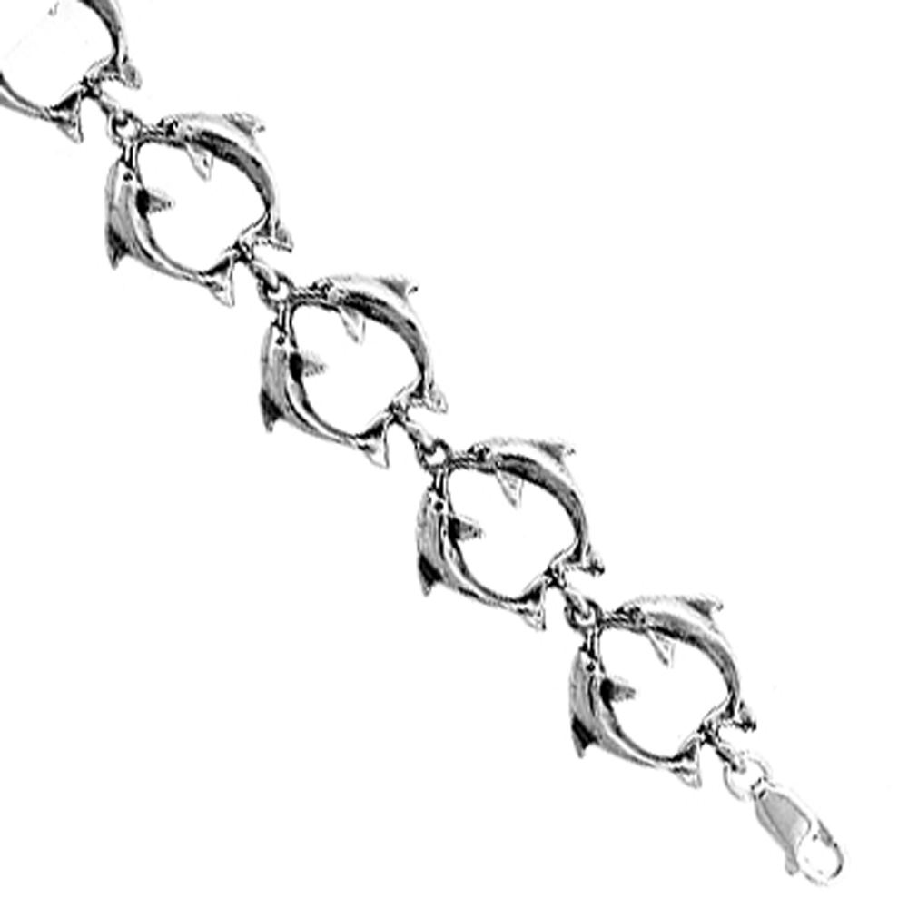 Sterling Silver Double Dolphin Charm Bracelet, 7 inches long