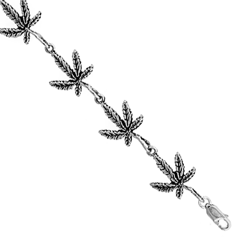 Sterling Silver Pot Leaf Charm Bracelet, 7 inches long
