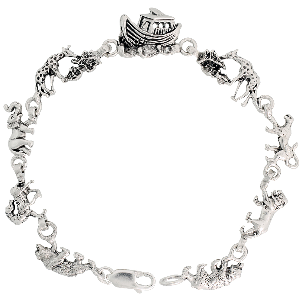 Sterling Silver Noah's Ark Bracelet, 7 inches long