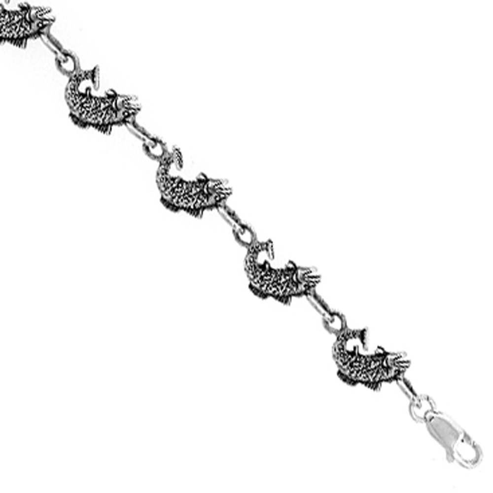 Sterling Silver Fish Charm Bracelet, 7 inches long