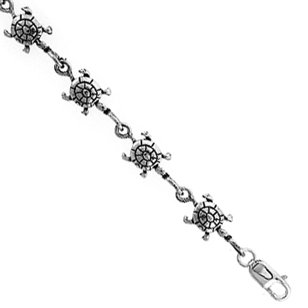 Sterling Silver Turtle Charm Bracelet, 7 inches long