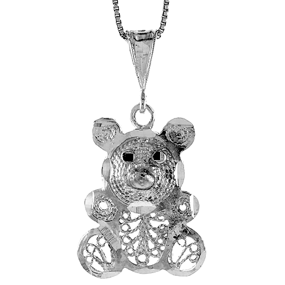 Sterling Silver Large Filigree Teddy Bear Pendant, 1 1/16 inch