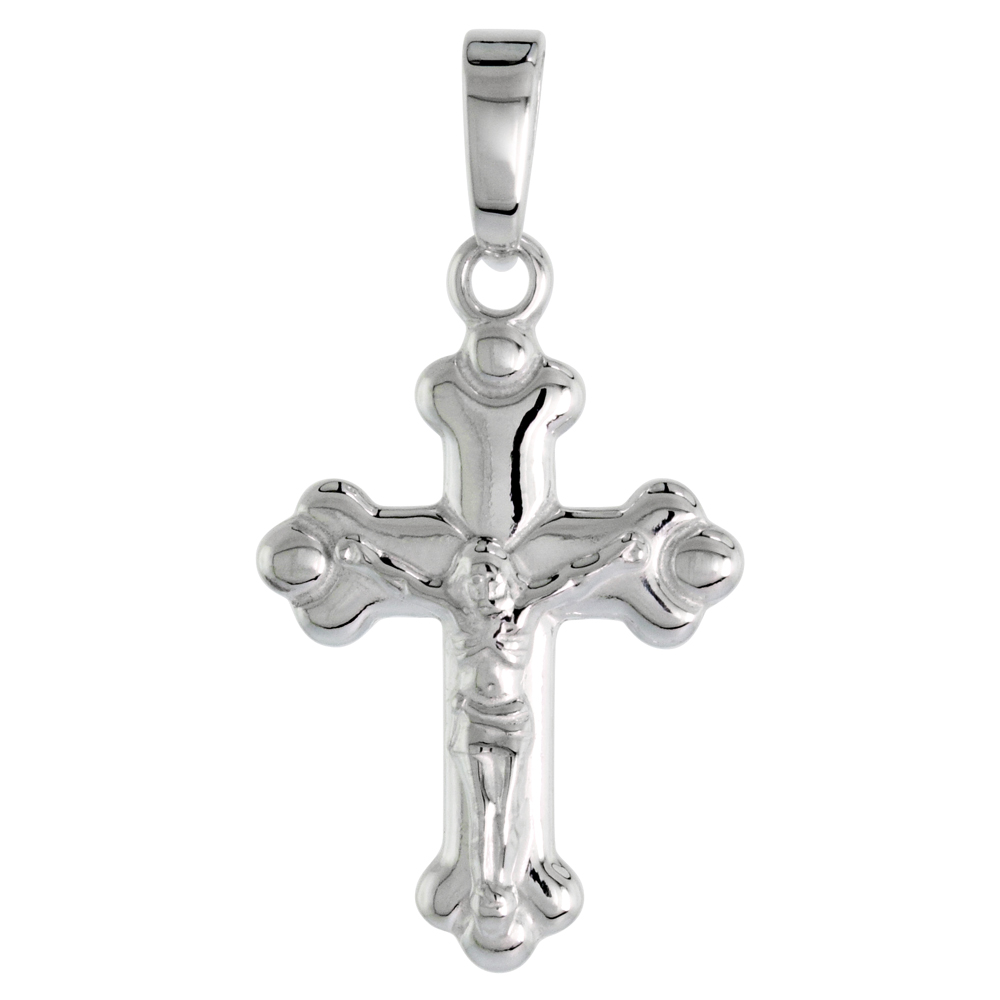 Sterling Silver Small Budded Cross Crucifix Pendant Solid Back High Polished, 5/8 inch wide