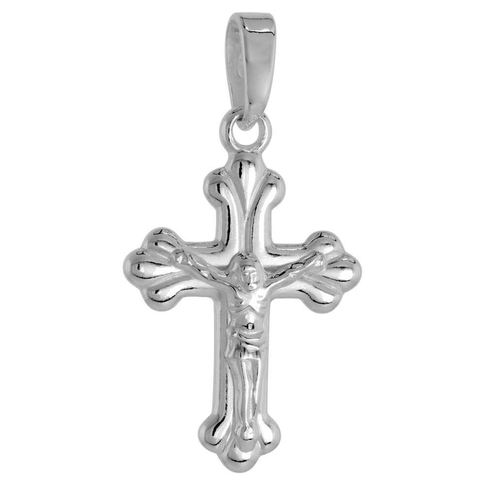 Sterling Silver Small Budded Cross Crucifix Pendant Solid Back High Polished, 5/8 inch wide