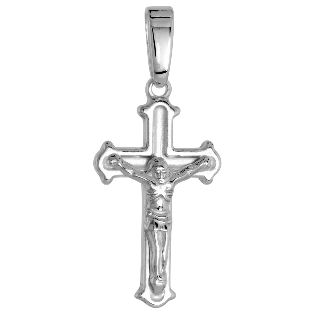 Sterling Silver Dainty Crucifix Pendant Solid Back High Polished, 1/2 inch wide